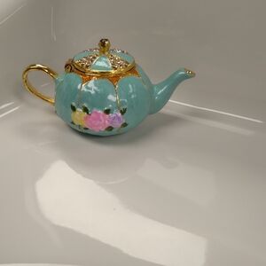 Floral Gold and Blue Teapot Jewelry Trinket